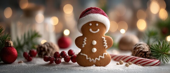 Playful gingerbread man cookie wearing red santa hat on snowy table