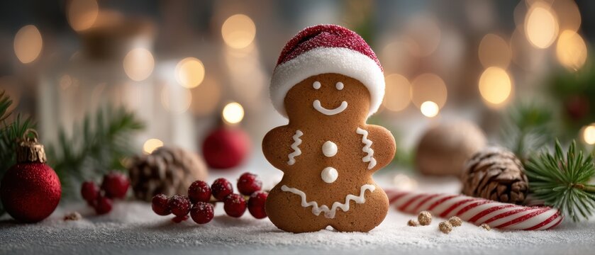 Playful gingerbread man cookie wearing red santa hat on snowy table - Powered by Adobe