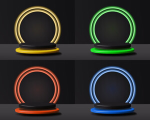 3d realistic neon podiums set on dark background. Blue, green, red and yellow empty floating product stages vector illustrations collection.