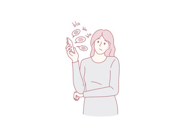 Upset young woman talk on cellphone feel bored by online communication, say blah blah in bubble. Unhappy girl annoyed bothered with smartphone conversation or call. Flat vector illustration.