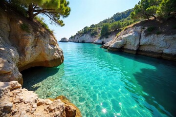 Serene Summer Cove Turquoise Waters Lap Gently Against Rocky Shore, Perfect for Travel and Vacation Projects