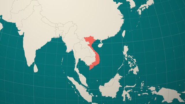 Vietnam map. Animated zoom into the country on the Globe in Teal Pale Mint color palette. Country logo animation. Map with meridians, parallels. Creative video.