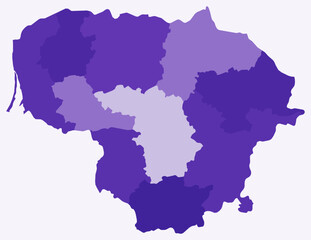 Map of Lithuania with regions. Just a simple country border map with region division. Deep purple color palette. Blank Lithuania shape with administrative division. Vector illustration.