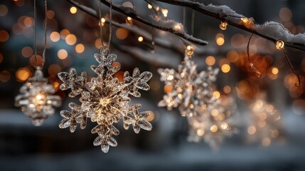 Glass snowflake ornaments shimmering on a dark winter evening