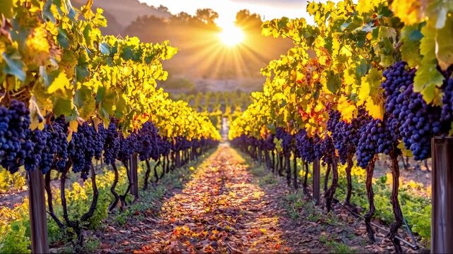 Vineyard with ripe red grapes during golden autumn sunset. Farming landscape for wine harvest and agriculture concept background.