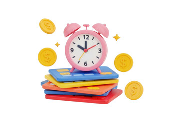 3d render pink alarm clock on a stack of colorful books with coins 3d isolated on transparent background
