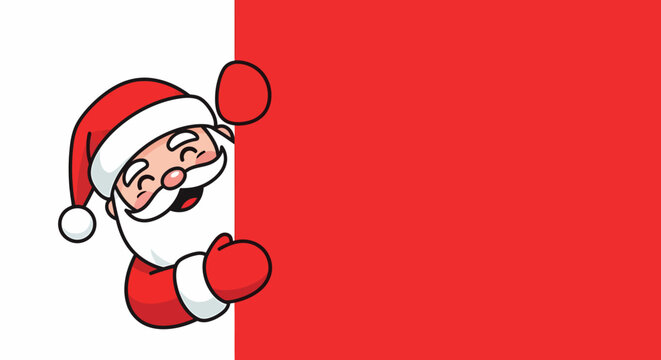 Cartoon Santa Claus Peeking Around a Red and White Wall.