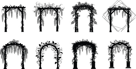 Collection of decorative garden arch silhouettes with climbing plants, floral vine frames, pergola designs, wedding arch elements, vector illustration © Hey there