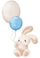 Watercolor cute teddy bunny with a balloon blue and biege color. Design for children's bedroom.