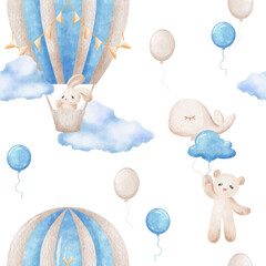 Watercolor pattern with air baloon with ribbon beige and clouds and teddy bear and teddy rabbit isolated. Hand drawn illustration.
