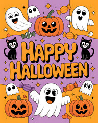 Whimsical halloween illustration featuring friendly ghosts black cats and pumpkins