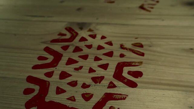 Slow motion low angle closeup glides over blood stained boot print, footprint pattern stamped on wood flooring. Trace of criminal intruder leaving the crime scene of violent break-in in dimly lit room