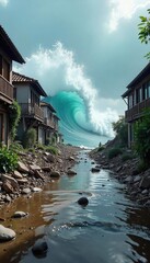 Devastating Tsunami Wave Engulfs Coastal Town, Leaving Chaos and Destruction in its Wake A Powerful Image of Natures Fury and the Aftermath of Flooding.