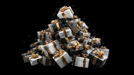 Pile of black friday gift boxes stacked high on transparent background for christmas, holiday shopping, and festive gift giving