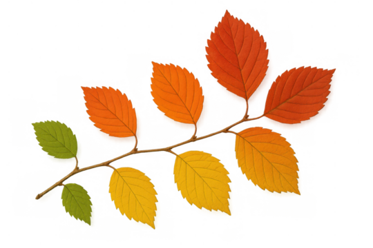 Autumn branch with elm leaves displaying a vibrant gradient of changing seasonal colors, transparent background