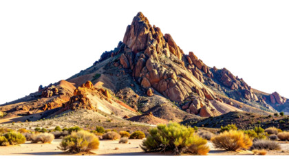Majestic Rocky Mountain Peak Surrounded by Desert Landscape under Clear Blue Sky