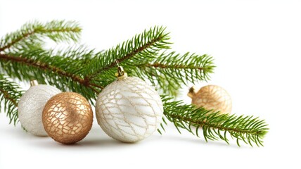 Fir twig with red and gold christmas baubles on white background for holiday decoration and festive winter celebration