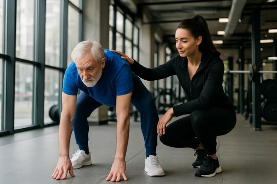 Senior man doing stretching exercise with female personal trainer guiding him in modern gym with large windows. - Powered by Adobe
