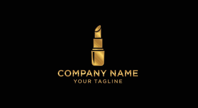 Golden lipstick logo with company name and tagline on black background.