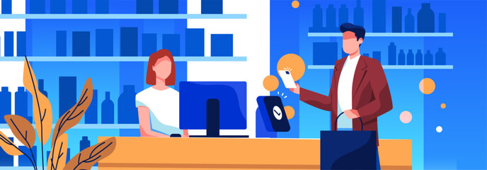 Cashier counter contactless payment man using smartphone modern retail store interior blue background computer shopping bag plant