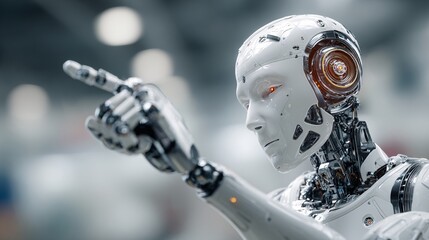 Fototapeta premium imagine futuristic cybersecurity analyst (robotic figure or human) pointing at a holographic network map with threat-detection graphs, cinematic lighting, crisp photorealism, clean white lab