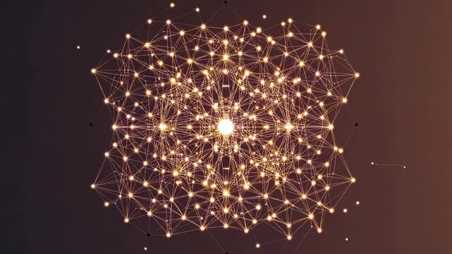 A radiant center bursts digital light, creating circular brain-like network. This system of connected neurons shows data and intelligence moving through light, technology digital web smart connections