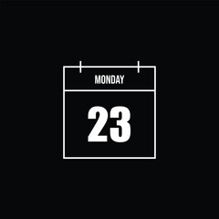 A minimalist white line art calendar icon displaying a specific day, Monday the twenty-third, ideal for digital interfaces, daily planning applications, and event reminder designs