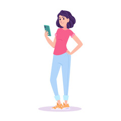 Young Woman Standing Using Smartphone Flat Vector