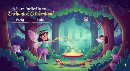 Naklejka premium Magical woodland fairy party invitation with enchanting forest celebration