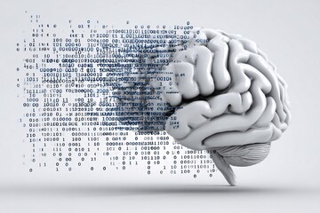 imagine conceptual illustration of an AI brain made of circuits scanning binary code for malware, flat vector style, clean white background, digital-blue and gray tones, minimal design