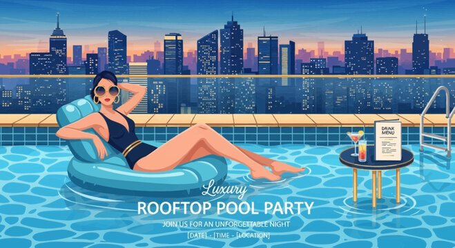 Elegant woman relaxes on a rooftop pool float during a sophisticated evening soiree