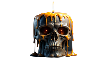 Skull candle with glowing eyes isolated on transparent background is dripping wax