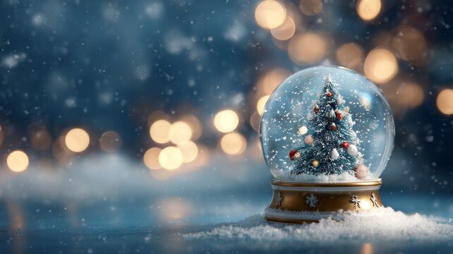 Empty snow globe on a festive christmas background with sparkling lights, holiday decorations, and seasonal winter ambiance
