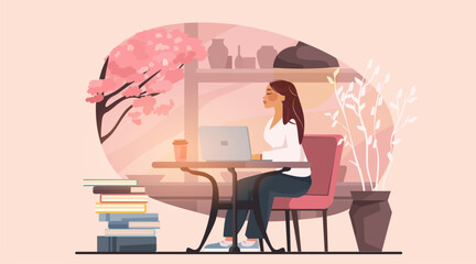 Woman working laptop home office spring workspace books coffee plants modern interior pink tones cozy atmosphere window background