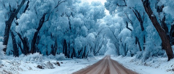 Frozen serenity: tranquil forest path after seasonal transformation. Blockbuster art. Icicles and dawn: enriched snow scene on a forest path in nanhu park. Drama poster. Epic poster.