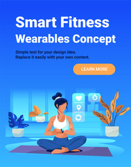 Smart fitness wearables concept woman checking smartwatch yoga mat indoor plants digital health icons blue background landing page