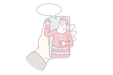 Person hold cellphone talk on video call with Santa Claus on home lockdown or quarantine. Speaking with Christmas father on virtual webcam event on smartphone. New Year. Vector illustration.
