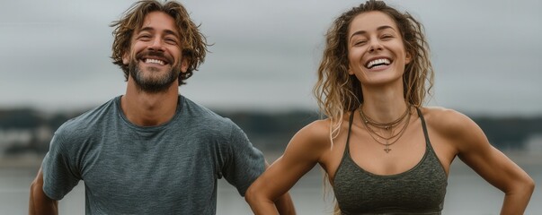 Happy man and woman in casual sportswear smiling outdoors after exercise