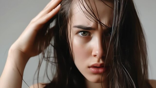 woman very sad and upset looking at damaged hair, hair loss, hair thinning problem, vitamin deficiency, baldness, postpartum, biotin, zinc, menstrual or endocrine disorders, hormonal imbalance
