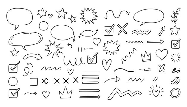 Vector art of collection of handdrawn doodle elements including speech bubbles, arrows, hearts, stars, checkmarks, and crowns