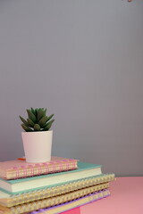 blank paper next to school tools with no word as a template for text space concept. business and education concept. grey background