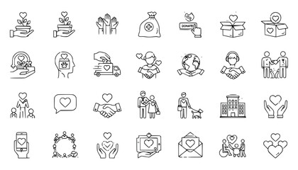 Vector art of set of handdrawn icons representing charity, donation, and support