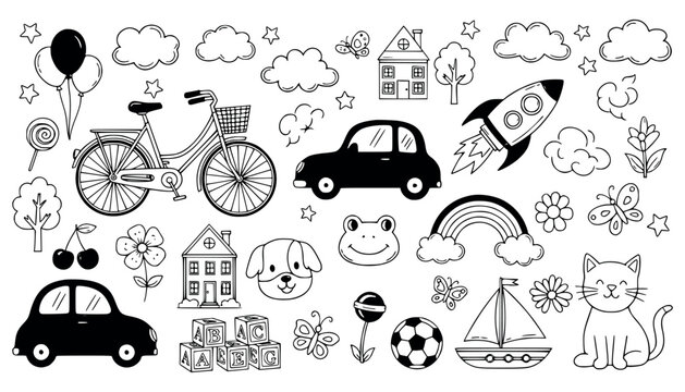 Vector art of collection of handdrawn doodle elements including vehicles, animals, houses, and toys