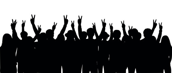 Vector art of silhouette of a crowd of people raising their hands with peace signs