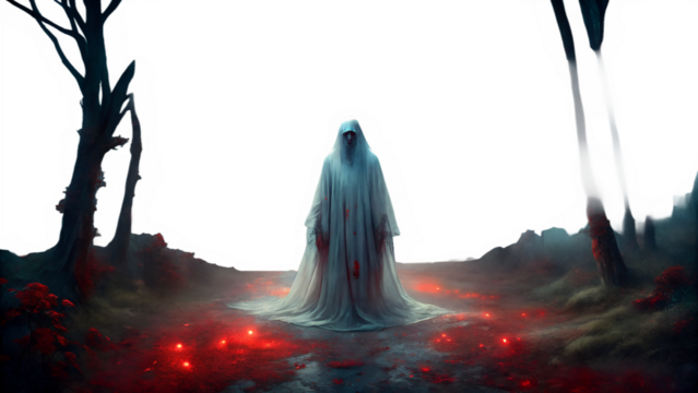 Ethereal ghost figure in a desolate landscape, isolated on transparent background