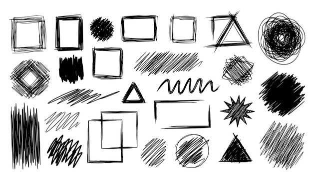 Vector art of collection of handdrawn sketch shapes and scribbles, including squares, triangles, circles, and lines