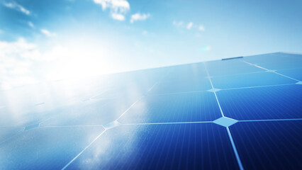 Solar panel absorbing sunlight to generate clean energy, representing sustainable power and environmental conservation. 3d render