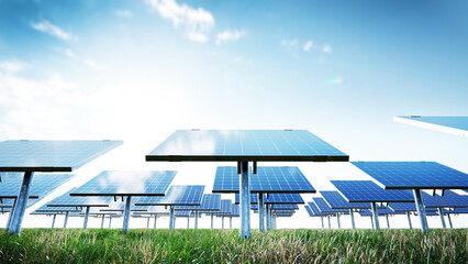 Solar panels are capturing sunlight in a green field, generating clean energy for a sustainable...