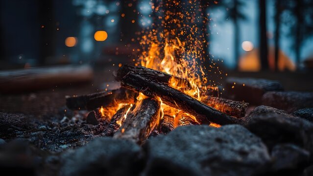 A campfire burning bright with sparks and glowing logs, set among rocks at a nighttime campsite. Concept Campfire night scene, sparks and glowing logs, rocky campsite glow, warm ember lighting - Powered by Adobe