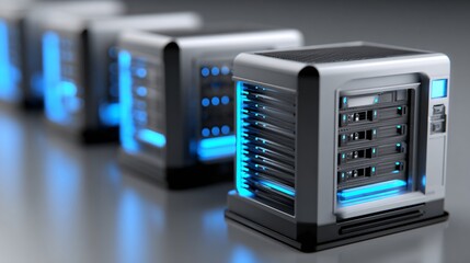 Fototapeta premium imagine photorealistic server rack with glowing security HUD overlay, blue backlighting, isometric angle, bright clean data center, futuristic vibe